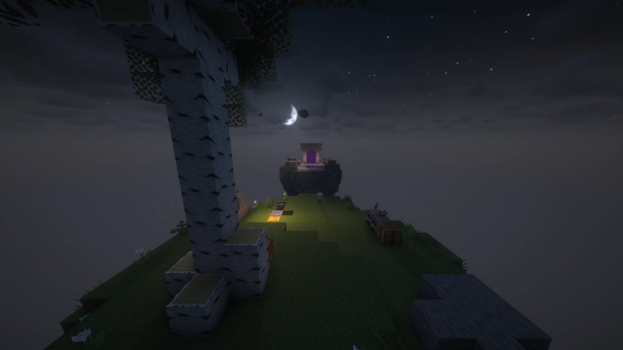A SkyStakes starter island at night with a birch tree and the Nether portal island beyond